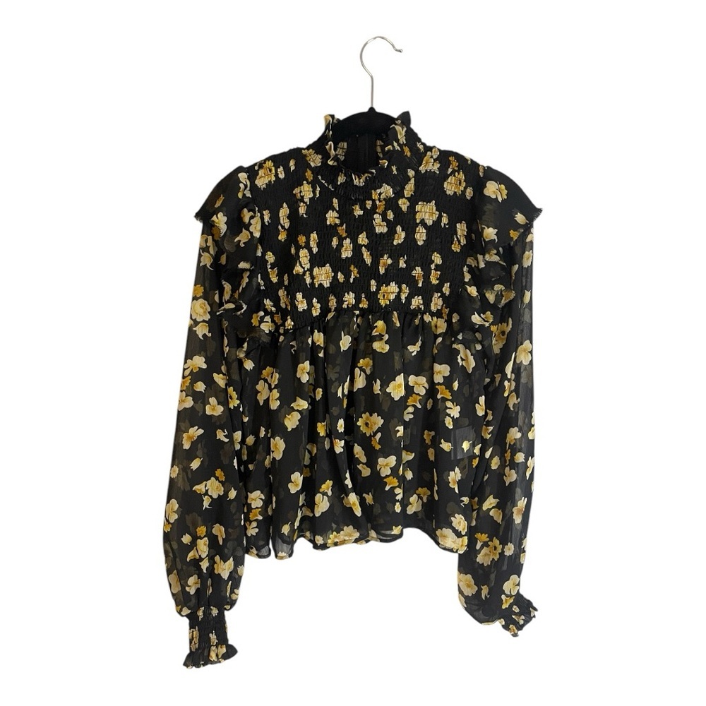 Elegant Floral Black and Yellow Ruffled Puff Sleeve Blouse - Picture 7 of 9